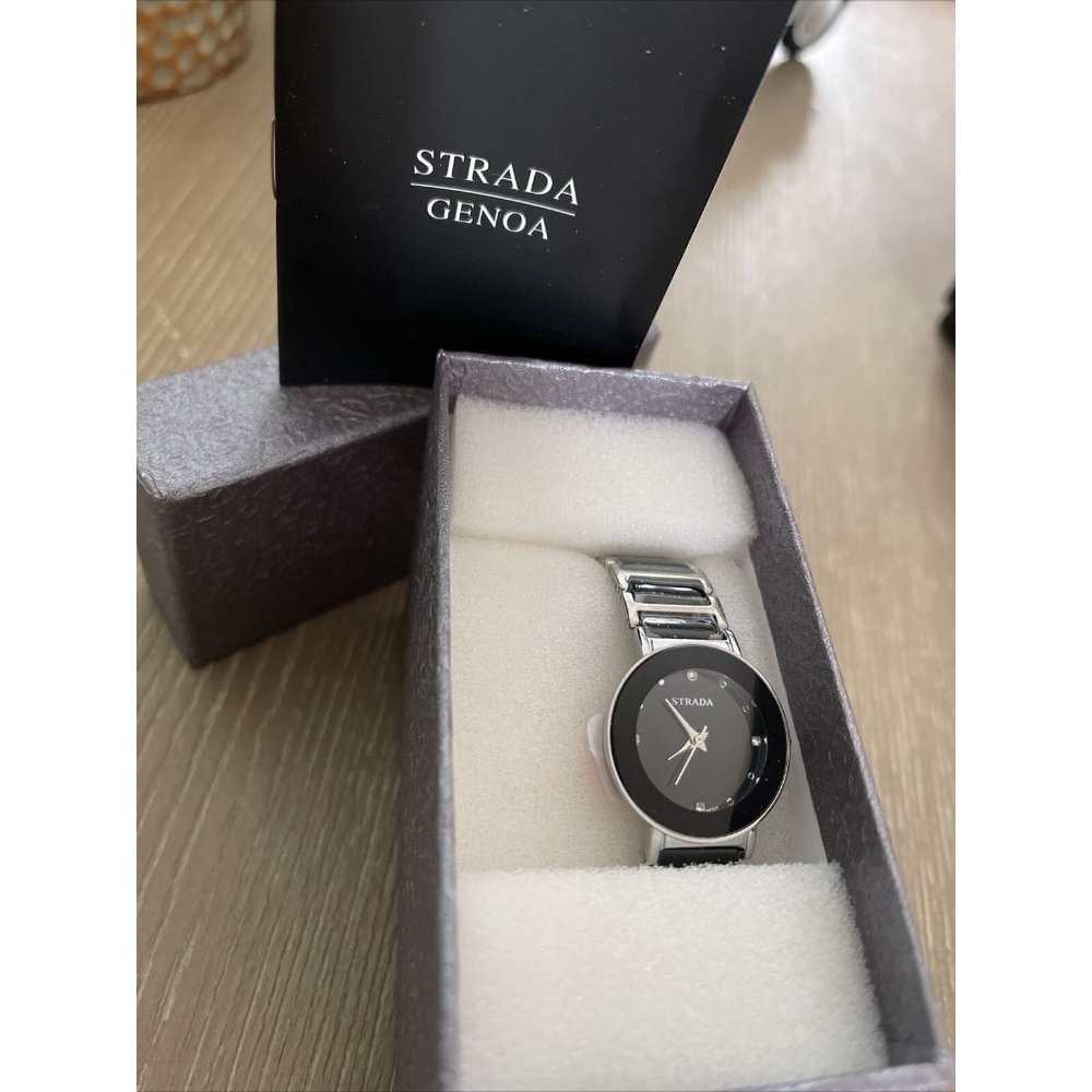NEW IN BOX Ladies Strada Watch Black Band Round Face W/Crystals Water Resistant